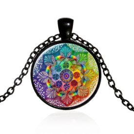   Fekete Színű Mandala Jóga Életvirág 7 Csakra  (144) Medál Lánccal Nyaklánc 27,5mm