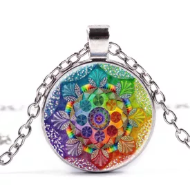   Ezüst Színű Mandala Jóga Életvirág 7 Csakra  (145) Medál Lánccal Nyaklánc 27,5mm