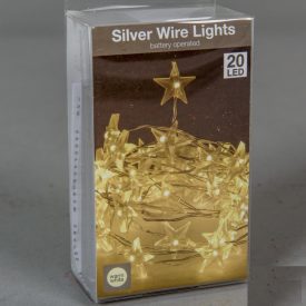   20 Ledes Meleg Fehér Csillag Elemes Karácsonyi Fényfüzér Ezüst Színű Dróton