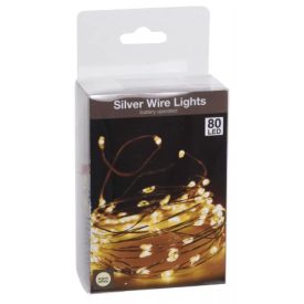   80 Ledes Meleg Fehér Elemes Karácsonyi Fényfüzér Ezüst Színű Dróton