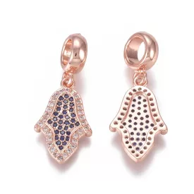   Rózsaarany Színű Kék Cirkónia Strasszos Hamsa Kéz Charm Közdarab Köztes 27x11mm