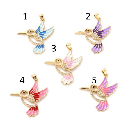 18K Aranyozott Cirkónia Strasszos Piros Pink Rózsaszín (4) Tűzzománc Kolibri Madár Medál 33,5x31mm
