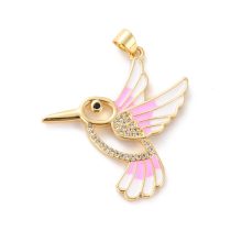   18K Aranyozott Cirkón Cirkónia Strassz Rózsaszín Tűzzománc Kolibri Madár Medál 33,5x31mm