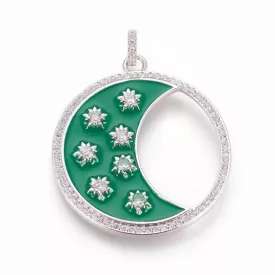   Ezüst Színű Zöld Tűzzománc Cirkón Cirkónia Strasszos Hold Medál 37,5x34mm