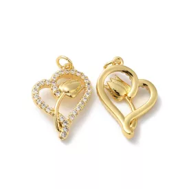   Arany Színű Cirkónia Strasszos Tulipán Virág Szív Medál 24x16mm