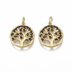   18K Aranyozott Fekete Cirkón Cirkónia Strassz Életfa Medál 18x15,5mm