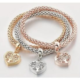   Arany Színű Gumis Fém Karkötő Életfa Szív Charm Csukló Átmérő: 6,5cm