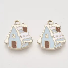   Arany Színű Kék Házikó Tűzzománc Medál Karácsonyfa Dísz 19,5x17mm