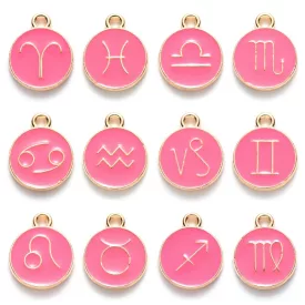   Arany Színű Pink Rózsaszín (4) Tűzzománc Csillagjegy Horoszkóp Medál Készlet (12db) 18mm
