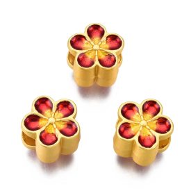   Arany Színű Piros Tűzzománc Virág Közdarab Köztes Charm 10x10,5x7mm