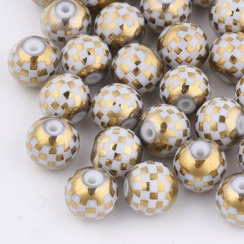   Arany Kockás Rajtzászló Mintás Üveggyöngy Nyaklánc Karkötő Ékszer Dísz Közdarab Köztes 8mm