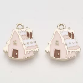   Arany Színű Rózsaszín Házikó Tűzzománc Medál Karácsonyfa Dísz 19,5x17mm