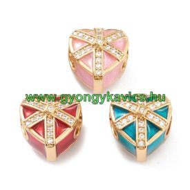   18K Aranyozott Rózsaszín Tűzzománc Cirkón Cirkónia Strasszos Szív Charm Közdarab Köztes 11x9mm