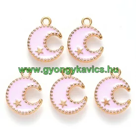 Arany Színű Rózsaszín Tűzzománc Hold Medál 16x13mm