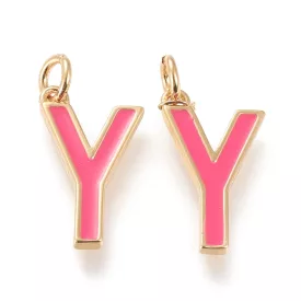   Arany Színű Pink Rózsaszín Tűzzománc Y Betű ABC Medál 18x10,5mm