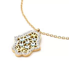   Arany Színű Strasszos Hamsa Kéz Tűzzománc Nazar Szeme Medál Nyaklánc 22x16mm Lánc: 46cm