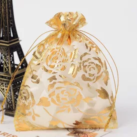 Arany Virágos Organza Tüll Díszzacskó Dísztasak 10x14cm