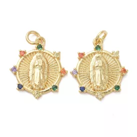   Arany Színű Színes Cirkónia Strasszos Szűz Mária Medál 18x16mm