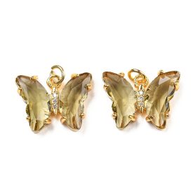   Arany Színű (12) Cirkónia Strasszos Olivazöld Üveg Szárnyú Lepke Pillangó Medál 15x19mm