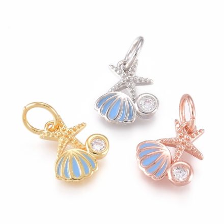 Ezüst Színű Kék Tűzzománc Cirkónia Strassz Kagyló Medál 10x8mm