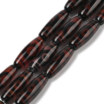 Barna Tibeti 3 Szemű Dzi Achát Henger (19) Ásványgyöngy Gyöngyfüzér 29,5-30x9-10,5mm