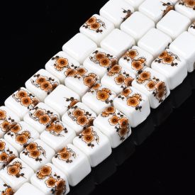 Barna Virágos Fehér Porcelán Kocka Gyöngy 9x9x9mm