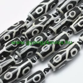   Bézs Fekete (2) Tibeti Dzi Achát Henger Ásványgyöngy 29-32x9-13mm