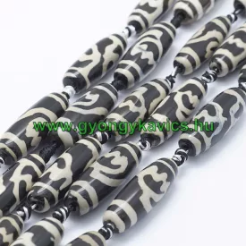   Bézs Fekete Tibeti Dzi Achát Henger Ásványgyöngy 29-30x9-12mm
