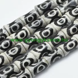   Bézs Fekete Tibeti Dzi Achát Henger Ásványgyöngy 21-22x13-14mm