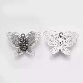   Ezüst Színű Fekete Strasszos Lepke Pillangó Medál 20,5x27x4,5mm