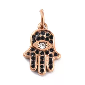   Rózsaarany Színű Nemesacél Fekete Cirkónia Strasszos Hamsa Kéz Medál 16,5x11,5mm