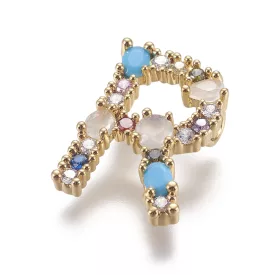   Arany Színű Színes Cirkónia Strasszos R Betű ABC Medál 19,5x14mm