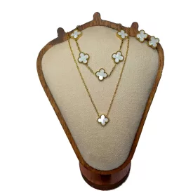   Arany-Fehér Színű Gyöngyház Lóhere Nyaklánc, Fülbevaló, Karkötő Szett