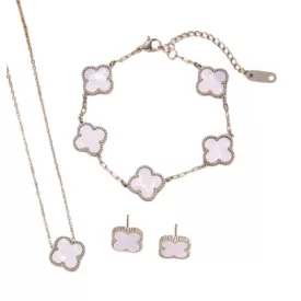   Ezüst Fehér Színű Lóhere Nyaklánc, Fülbevaló, Karkötő Szett