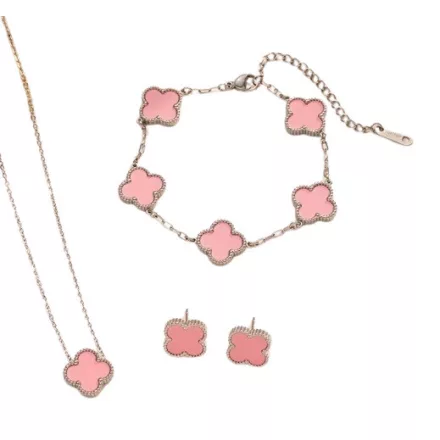 Ezüst Rózsaszín Színű Lóhere Nyaklánc, Fülbevaló, Karkötő Szett