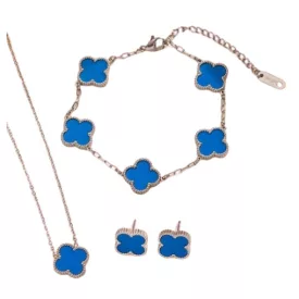   Ezüst Kék Színű Lóhere Nyaklánc, Fülbevaló, Karkötő Szett