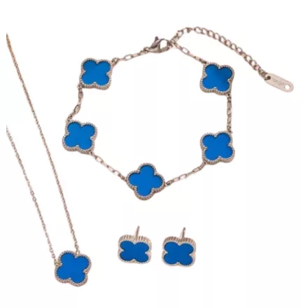 Ezüst Kék Színű Lóhere Nyaklánc, Fülbevaló, Karkötő Szett