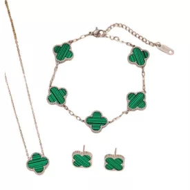   Ezüst Zöld Színű Lóhere Nyaklánc, Fülbevaló, Karkötő Szett