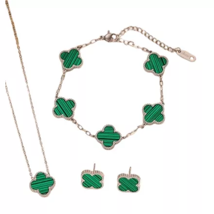 Ezüst Zöld Színű Lóhere Nyaklánc, Fülbevaló, Karkötő Szett