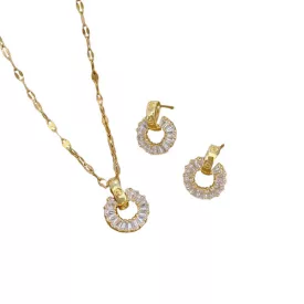   Arany Színű Nemesacél Cirkónia Strasszos Nyaklánc, Fülbevaló Ékszer Szett