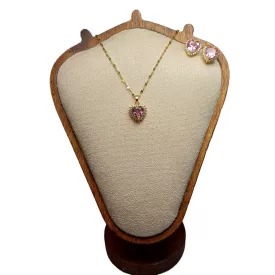   Arany Színű Nemesacél Rózsaszín Cirkónia Strasszos Szív Nyaklánc, Fülbevaló Ékszer Szett