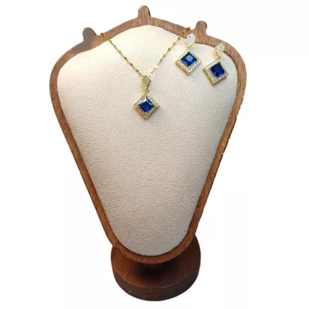 Arany Színű Nemesacél Kék Cirkónia Strasszos Nyaklánc, Fülbevaló Ékszer Szett