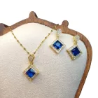 Arany Színű Nemesacél Kék Cirkónia Strasszos Nyaklánc, Fülbevaló Ékszer Szett