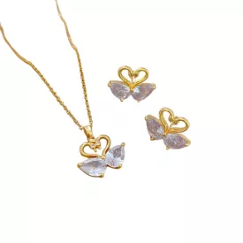   Arany Színű Nemesacél Cirkónia Strasszos Hattyú Szív Nyaklánc, Fülbevaló Ékszer Szett