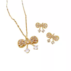   Arany Színű Nemesacél Cirkónia Strasszos Masni Nyaklánc, Fülbevaló Ékszer Szett