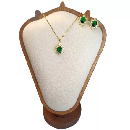 Arany Színű Nemesacél Zöld Cirkónia Strasszos Nyaklánc, Fülbevaló Ékszer Szett