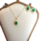 Arany Színű Nemesacél Zöld Cirkónia Strasszos Nyaklánc, Fülbevaló Ékszer Szett