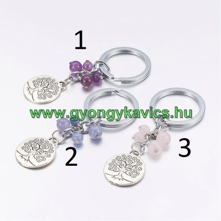 Ezüst Színű Életfa Akvamarin Kék Kvarc (2) Ásvány Kulcstartó Karika 86x33mm
