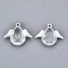   Ezüst Színű (E1) Fazettált Zöld Üveg Angyal Medál 18x22mm