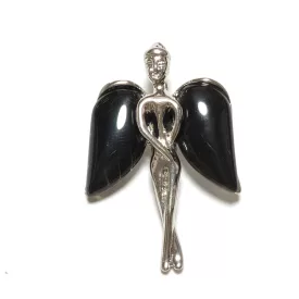   Ezüst Színű Fekete Achát Ásvány Angyal Medál 34x23x8mm
